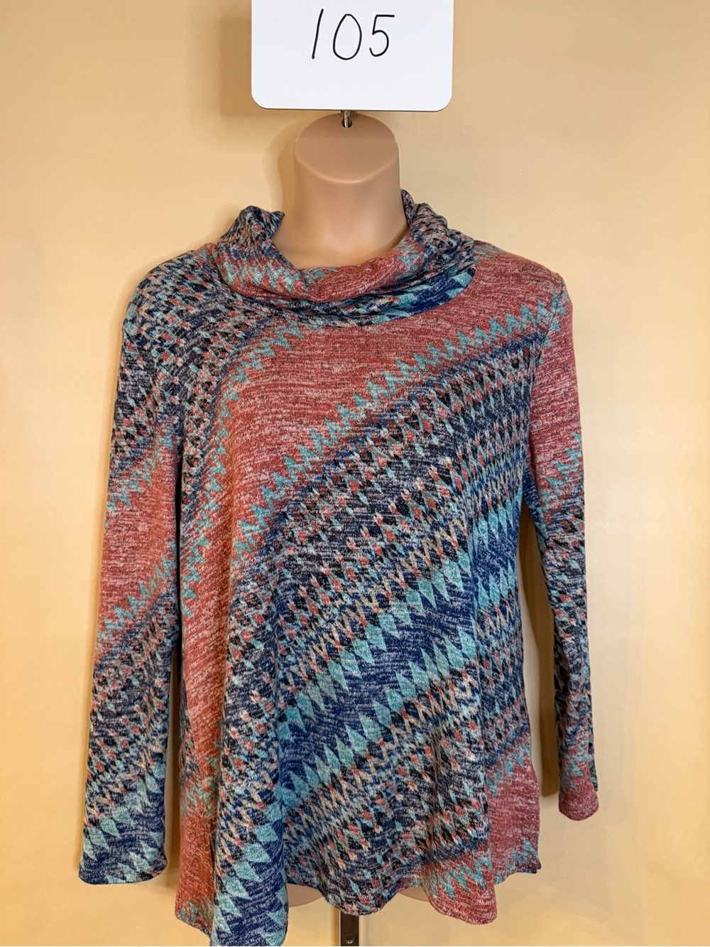 cha cha vente Multicolor Cowl Neck Sweater - Rust, Teal & Navy